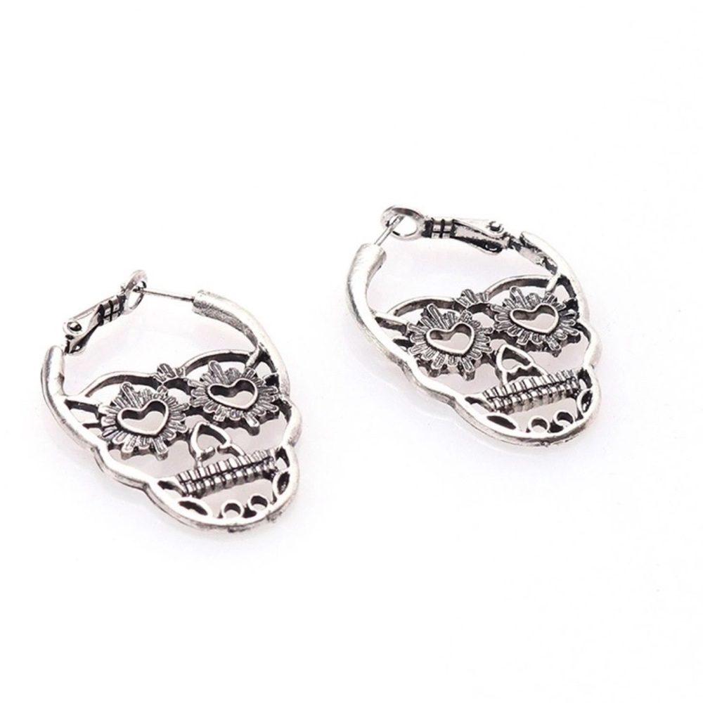 Silver Punk Rock Skull Earrings - Picture 6 of 8